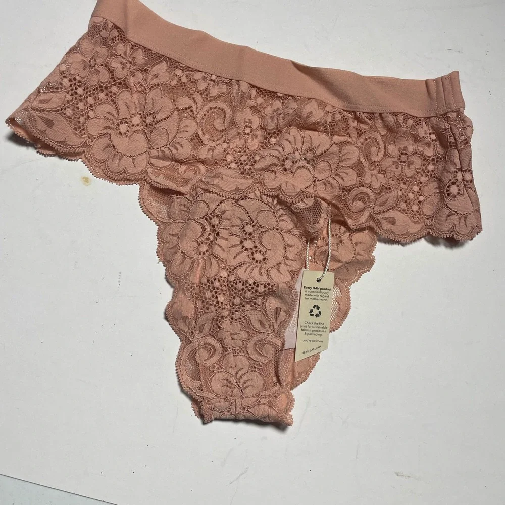 We are HAH‎ tan Floral Lace Thong Panty Womens Small NWT Sustainable Lingerie